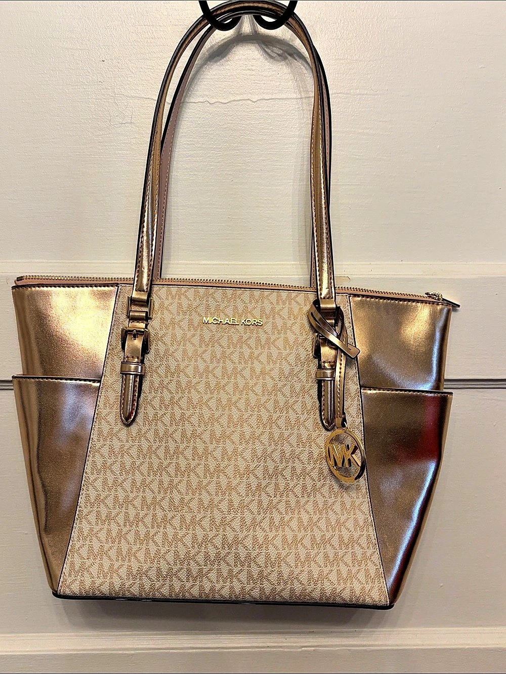 Michael Kors Voyager Logo Embossed Patent Large East West Tote Brown & Pink
